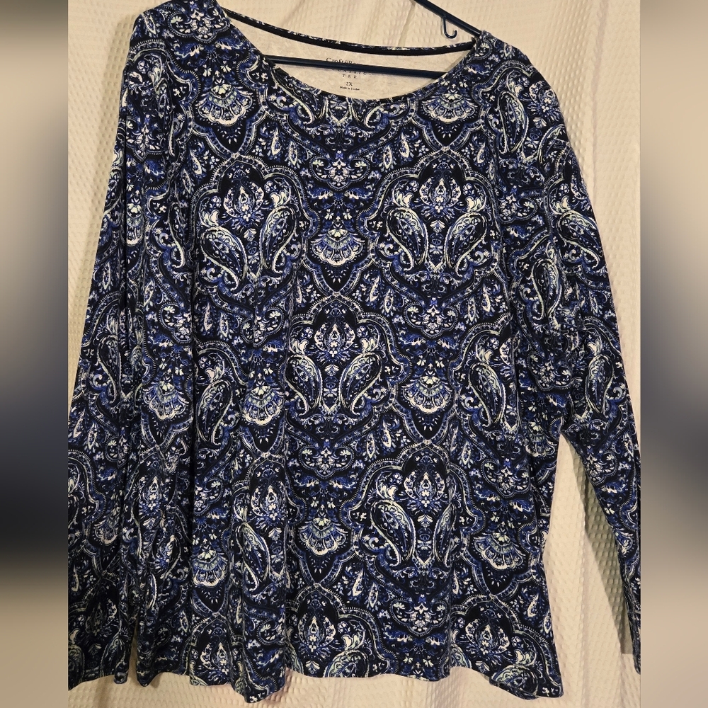 Croft & Barrow Navy Paisley Long Sleeve Top 2x